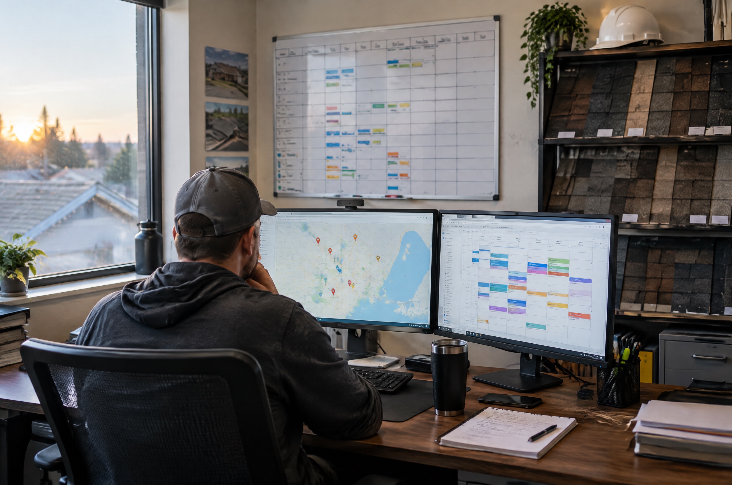 Roofing company office desk with a generic CRM screen showing new leads